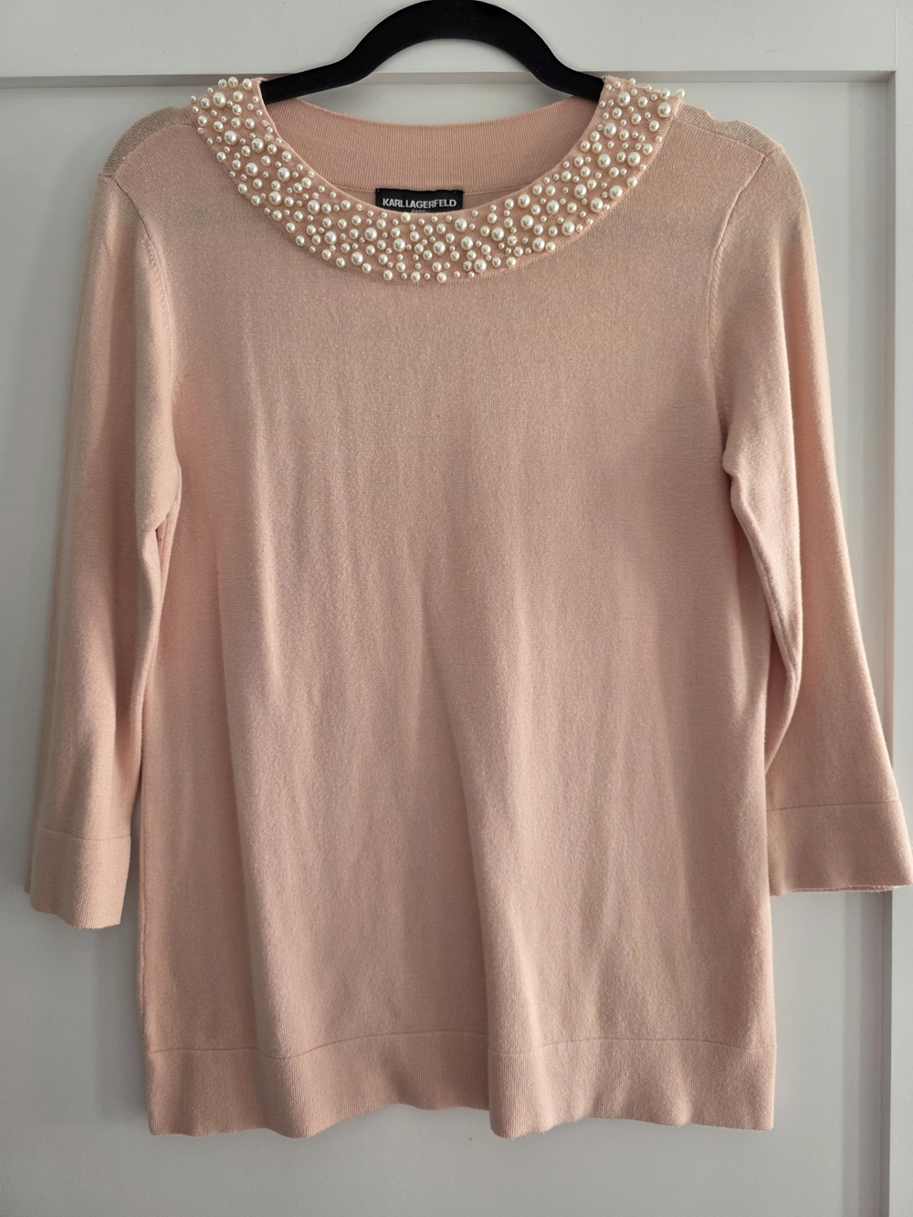 Karl Lagerfeld Blush Pink Pearl-Embellished Scoop Neck Sweater